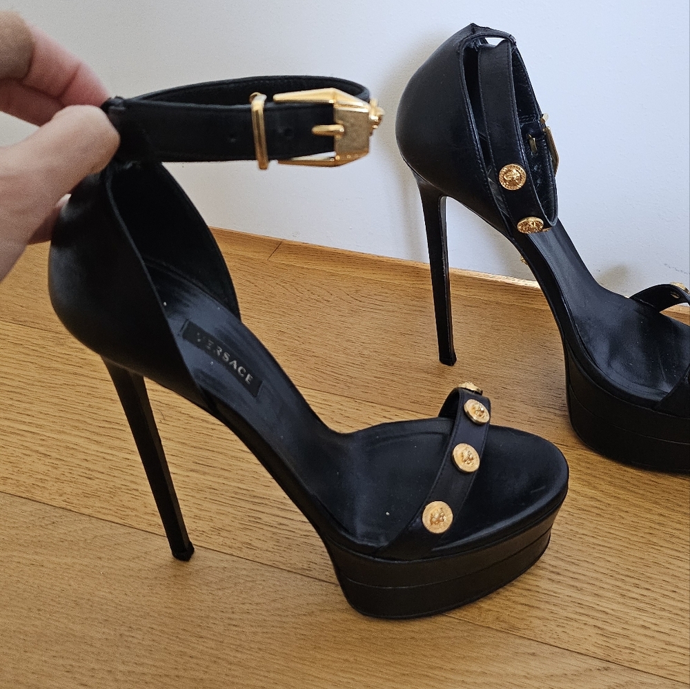 Versace Icon Black Platform Stiletto Ankle Strap Heels Gold Medallion Studs - Picture 9 of 15